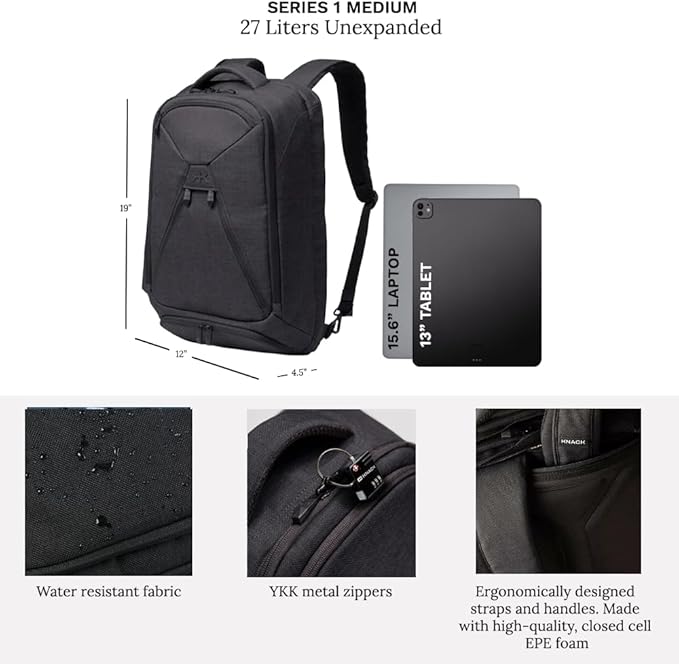 Knack Series 1 Laptop Backpack Travel Set Fits up to 15 Inch - Includes Expandable Packing Insert, and Knack's Insulated Bottle, TSA Approved, Expandable Travel Backpacks (Black, Medium)