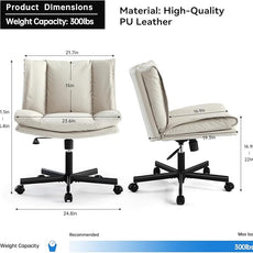 LEAGOO Criss Cross Chair with Wheels, Armless Cross Legged Office Chair, Comfy PU-Leather Desk Chair, Modern Swivel Height Adjustable Computer Task Chair, Wide Seat Cute Chair for Home Office(Beige)