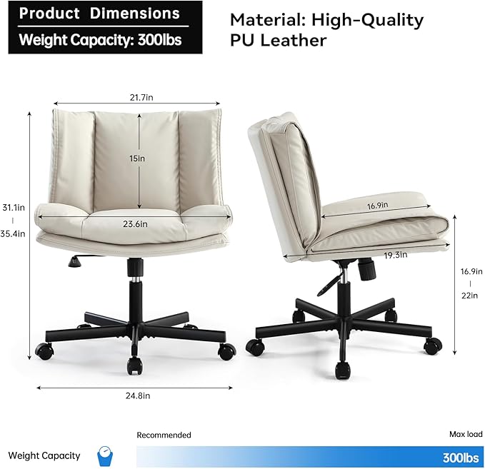 LEAGOO Criss Cross Chair with Wheels, Armless Cross Legged Office Chair, Comfy PU-Leather Desk Chair, Modern Swivel Height Adjustable Computer Task Chair, Wide Seat Cute Chair for Home Office(Beige)