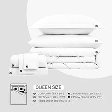 Love's cabin Queen Comforter Set White, 7 Pieces Queen Bed in a Bag, All Season Bedding Sets with 1 Comforter, 1 Flat Sheet, 1 Fitted Sheet, 2 Pillowcase and 2 Pillow Sham