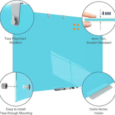 TSJ OFFICE Glass Dry-Erase Board - 48 x 32 Inches Wall Mounted Glass Whiteboard, Large Frameless Magnetic White Board for Office, Home & School, Blue