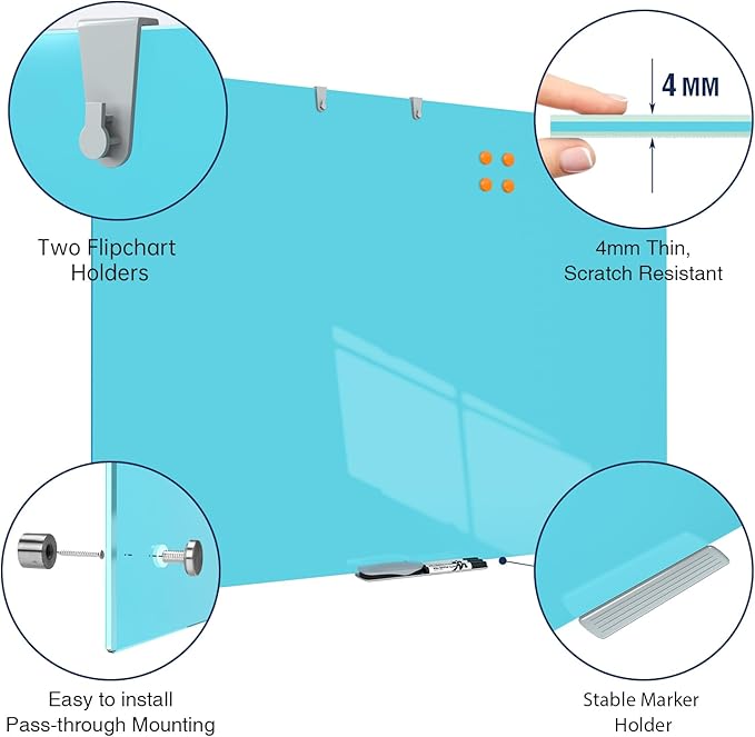 TSJ OFFICE Glass Dry-Erase Board - 48 x 32 Inches Wall Mounted Glass Whiteboard, Large Frameless Magnetic White Board for Office, Home & School, Blue
