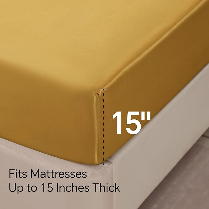 BEDELITE Satin Sheets Queen Size Bed Set, Luxury Soft Gold Silky Sheets for Hair and Skin, Similar to Silk Bed Sheets Set 4 Pieces with 1 Deep Pocket Fitted Sheet, 1 Flat Sheet, and 2 Pillowcases