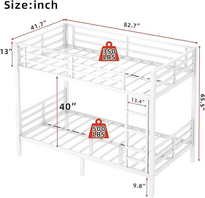Twin XL Over Twin XL Bunk Bed, Metal Bunk Bed Frame Heavy Duty Bunk Beds Loft Bed Frame with Ladder and Guardrail Metal Slats No Box Spring Required for Adults Teens, White