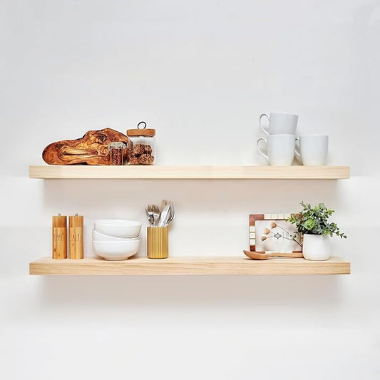 Homeforia 42 inch Natural Floating Shelf, High End Solid Real Wood 42inch Small Floating Shelves for Wall Mounted, Natural Wooden Floating Shelves, Heavy Duty Bracket, 42 X 6.5 X 1.75 in, Set of 2