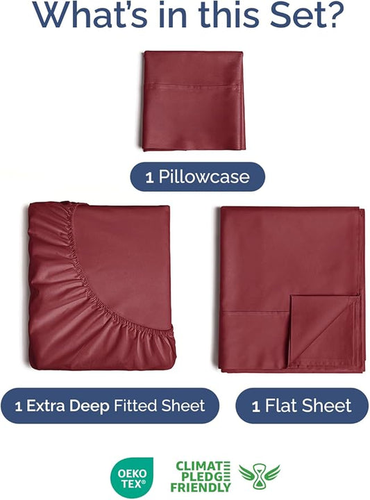 Extra Deep Pocket Twin XL Sheets - 3 Piece Breathable & Cooling Bed Sheets - Hotel Luxury Bed Sheet Set - Soft, Wrinkle Free & Comfy - Easily Fits Extra Deep Mattresses - Deep Pocket Burgundy Sheets