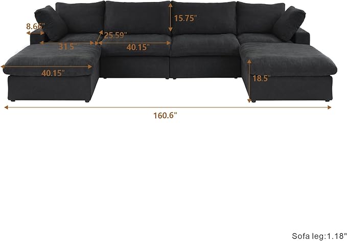Cloud Couch Modular Sectional Sofa with 2 Storage Ottomans,160.6" U Shaped Sofa Couch,6 Seater Minimalist Wide Deep Seat Convertible Couches, Covers Washable&Replaceable,Black
