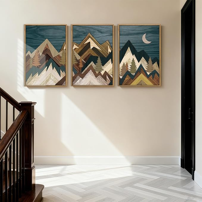 BINCUE Extra Large Mountain Wall Art Set of 3 Moon Froest Wall Decor Nature Landscape Art Print for Living Room Bedroom Office 24x36 Inches