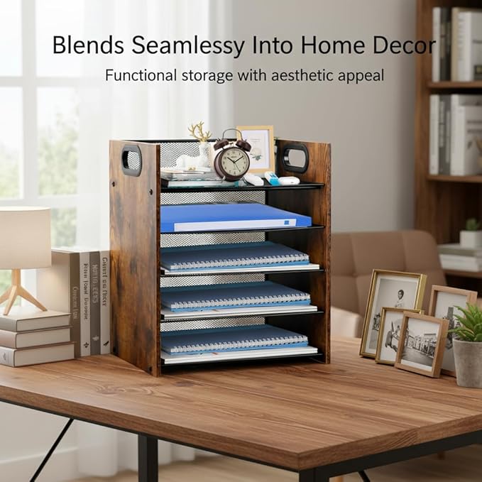 Wood Desk Organizer - 5-Tier Desktop File Organizer, Wooden Paper Tray, Office Desk Organzier and Accessories for Papers, Mail, Notebooks, Stationery