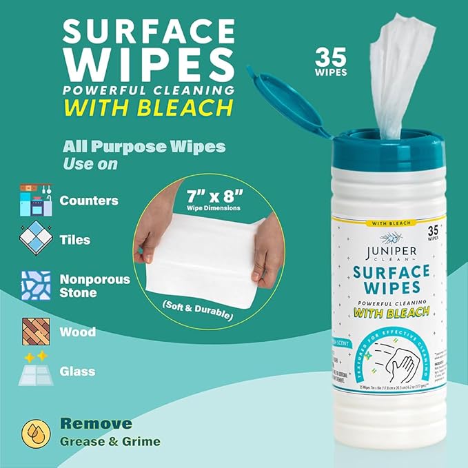 1 Pack Surface Cleaning Wipes with Bleach, All-Purpose Cleaner for Bathroom, Kitchen, Office, 35 Count Canister, 7.5" x 7" Sheet, Fresh Scent, Lint Free & Durable
