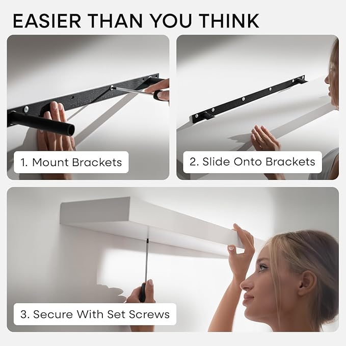 Homeforia Floating White Shelf 60 inches, High End Solid Real Wood 60inch Long Floating Shelves for Wall Mounted, White Wooden 60in Floating Shelves, Heavy Duty Bracket, 60 X 6.5 X 1.75 inch, Set of 2