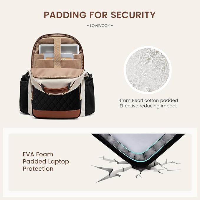LOVEVOOK Laptop Backpack for Women with Pouch Pocket for Large Capacity Cup,17 Inch Teacher Nurse College Work Travel Backpack Purse,Waterproof Laptop Computer Bags,Beige-Black-Brown+Diamond-shaped