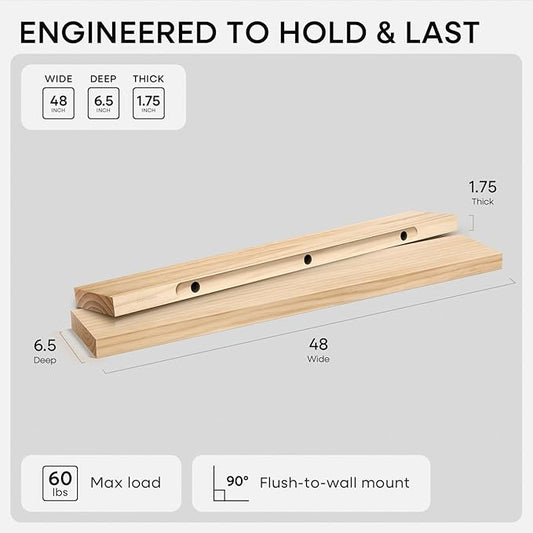 Homeforia 48 inch Natural Floating Shelf, High End Solid Real Wood 48inch Small Floating Shelves for Wall Mounted, Natural Wooden Floating Shelves, Heavy Duty Bracket, 48 X 6.5 X 1.75 in, Set of 3