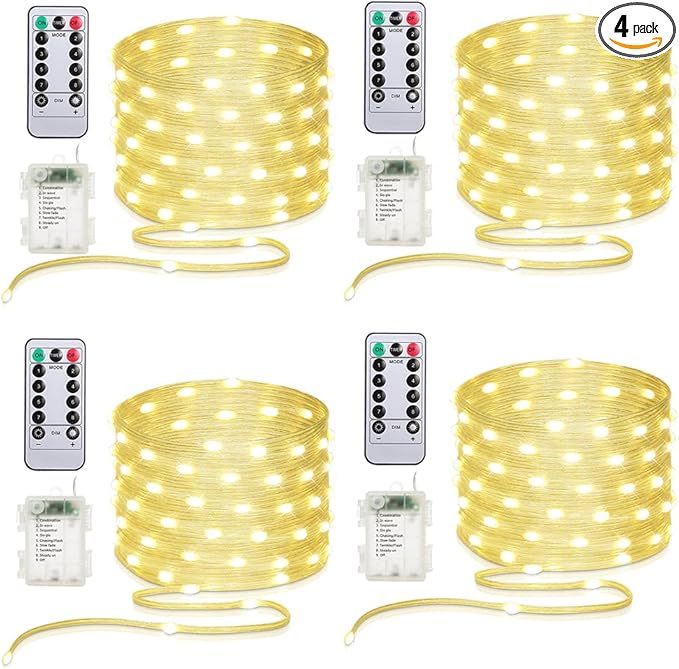 16.5ft Battery Operated String Lights (4 Pack), 50 LED Fairy String Lights Battery Powered with Remote & Timer for Indoor Outdoor Christmas Trees Wreath Decoration Bedroom Patio - Warm White