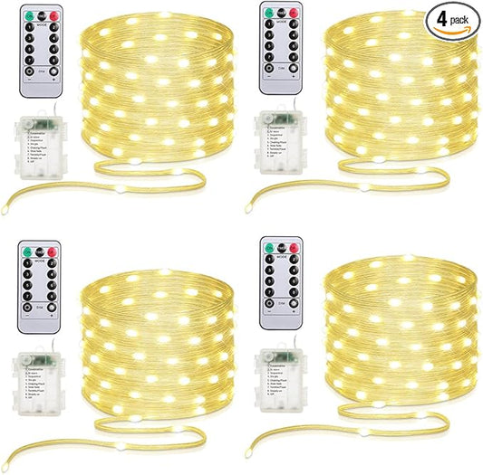 16.5ft Battery Operated String Lights (4 Pack), 50 LED Fairy String Lights Battery Powered with Remote & Timer for Indoor Outdoor Christmas Trees Wreath Decoration Bedroom Patio - Warm White