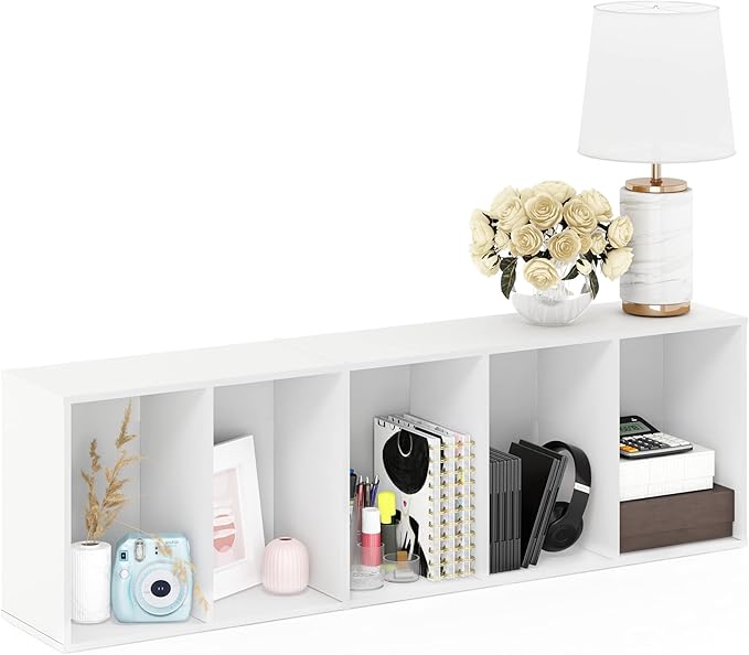 Furinno LUDER Book Shelf, 5-Cube Bookshelf, Bookcase with Open Shelf, 9.4 x 15.8 x 52, for Living Room, Bedroom, Home Office, White