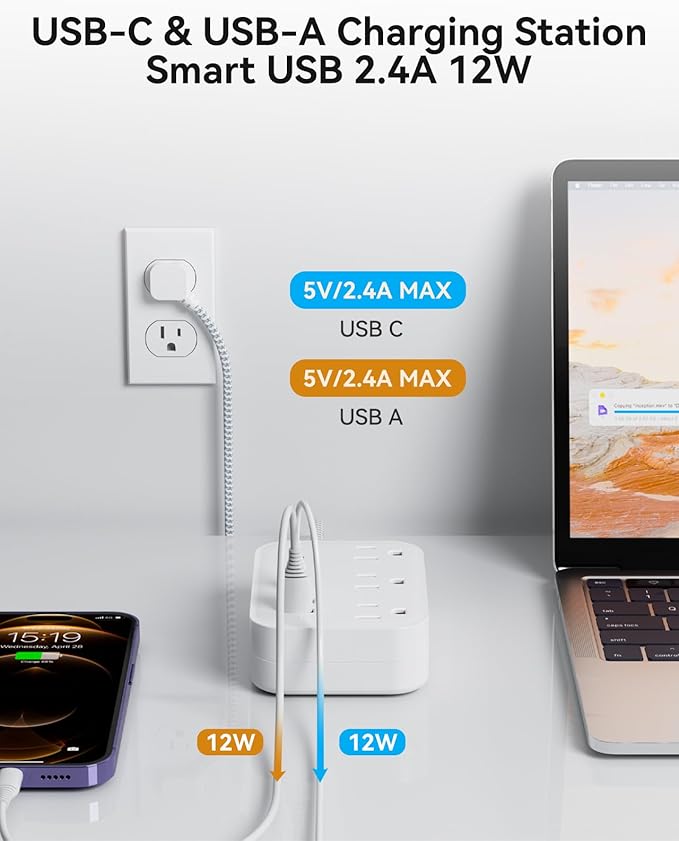 Flat Plug Power Strip with USB Ports, Flat Extension Cord 10 FT with 3 AC Outlets 3 USB Ports, Long Extension Cord Outlet Extender with No Surge Protector for Cruise Ship, Dorm Room Travel Essentials