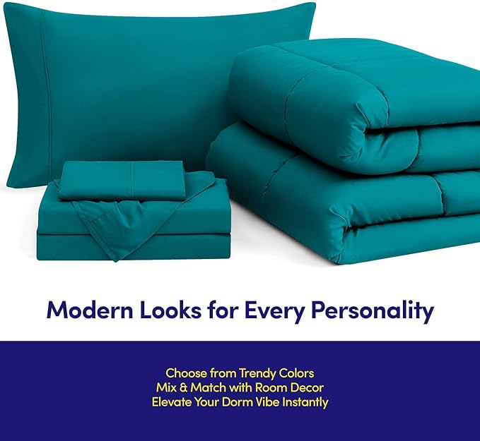 Dorm Room Essentials College Bedding Comforter Set 7 Piece Full Size Bed in a Bag for College Students Boys and Girls, Full, Teal
