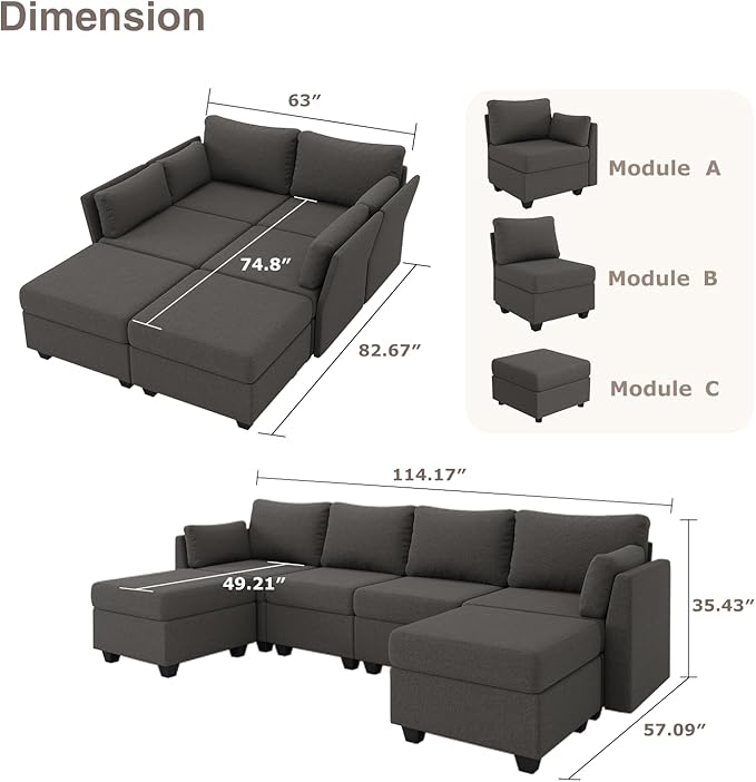 114.17" Modular Sectional Sofa, 6 Seat Modular Couch with Storage, Memory Foam, Convertible Sectional Couches for Living Room, U Shaped Comfy Modular Sofa with Chaise, Dark Grey