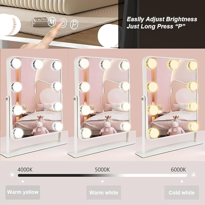 Vanity Mirror with Lights,Lighted Makeup Mirror with 9 LED Bulbs, Light Up Makeup Mirror with Lights for Dressing Room & Bedroom,Smart Touch Control,360 Rotation