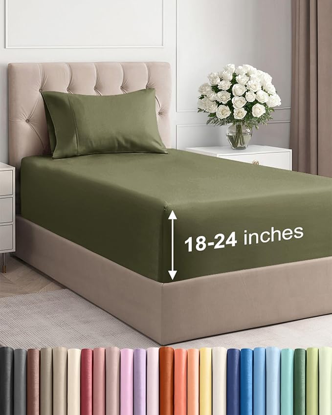 Extra Deep Pocket Twin Sheets - 3 Piece Breathable & Cooling Bed Sheets - Hotel Luxury Bed Sheet Set - Soft, Wrinkle Free & Comfy - Easily Fits Extra Deep Mattresses - Deep Pocket Sage Green Sheets
