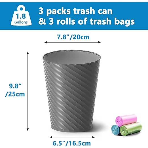 Bathroom Trash Can, 3 Pack 1.8 Gallons Small Trash Can with Trash Bags, Bathroom Garbage Can, Plastic Trash Bin, Round Waste Basket for Bedroom, Office, Room (White Blue Grey)