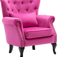 Mid Century Accent Chair Modern Button Tufted Armchair Wingback Club Chair Velvet Single Sofa Lounge Chair with Pillow for Living Room Bedroom, Rose Pink