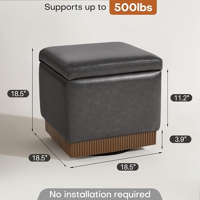 Square Ottoman with Storage,Swivel Vanity Stool-Faux Leather Foot Rest,Upholstered Footstool Pouf with Sturdy Acacia Wood Frame(500lbs),Small Coffee Table & Hidden Storage for Living Room