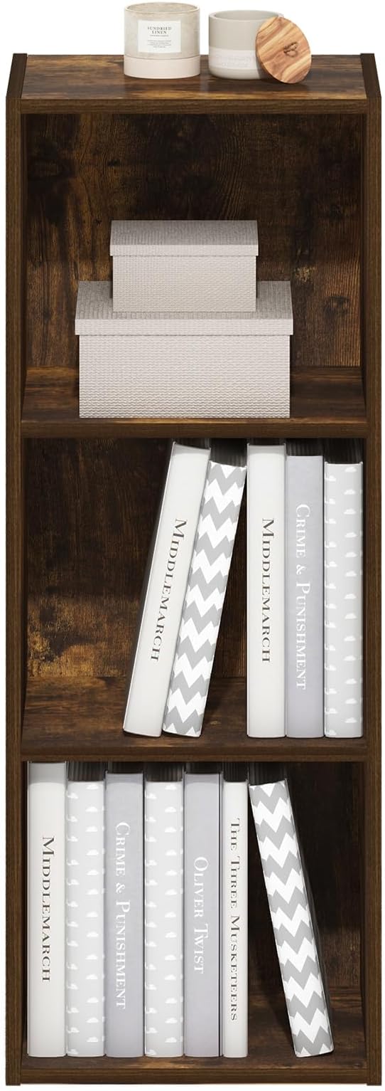 Furinno LUDER Book Shelf, 3-Cube Bookshelf, Bookcase with Open Shelves, 9.3 x 12 x 31.5, for Living Room, Bedroom, Home Office, Amber Pine