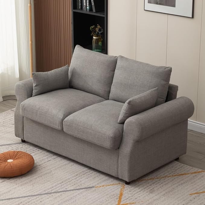Panana Modern 2 and 3 Seats Loveseat Sofa Couch with Storage, Small Love Seat Couches for Living Room, Bedroom, Apartment, Office (Light Gray Linen Fabric, Scroll Arm - 2 Seater)