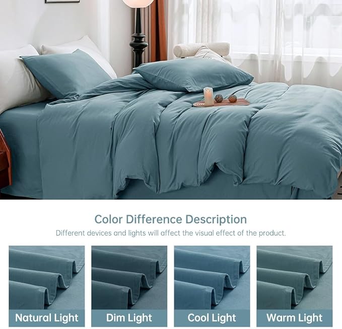 JELLYMONI Cotton Duvet Cover Queen Size - 100% Washed Cotton Linen Like Textured Comforter Cover, 3 Pieces Breathable Soft Bedding Set with Zipper Closure (Grayish Blue, Queen 90"x90")