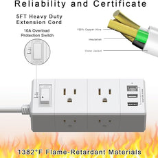 5Ft Outlet Extender Power Strip - Tcstei Flat Plug Extension Cord with 6 Outlets and 3 USB Ports(1 USB C), 3 Side Wall Mount Outlet Extender for Home Dorm Room Essentials, White