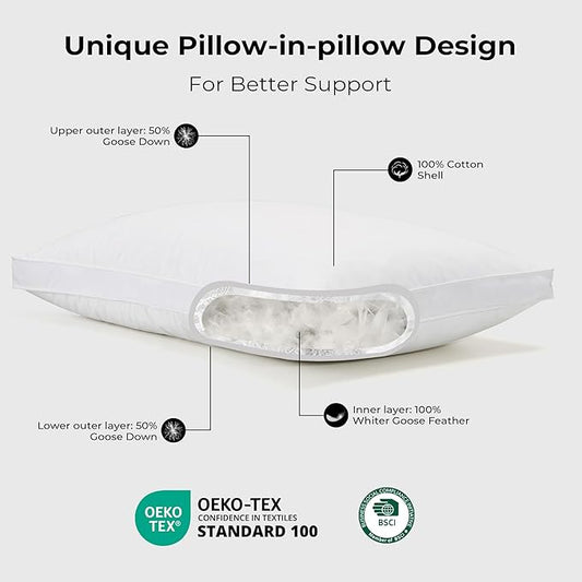 UNIKOME White Goose Down Feather Gusseted Pillows - 100% Cotton Cover - Standard Size Pillow Set of 2, Made in Japan Pillow for Sleeping