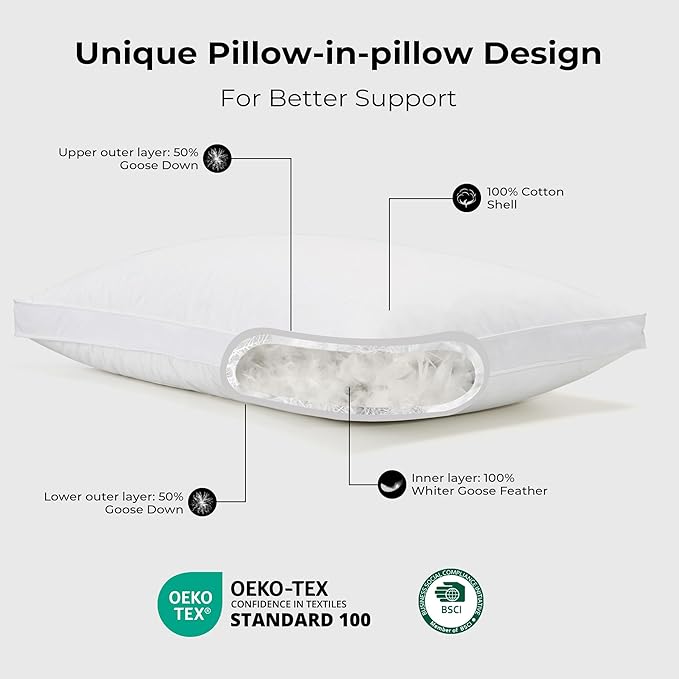 UNIKOME White Goose Down Feather Gusseted Pillows - 100% Cotton Cover - Queen Size Pillow Set of 2, Made in Japan Pillow for Sleeping