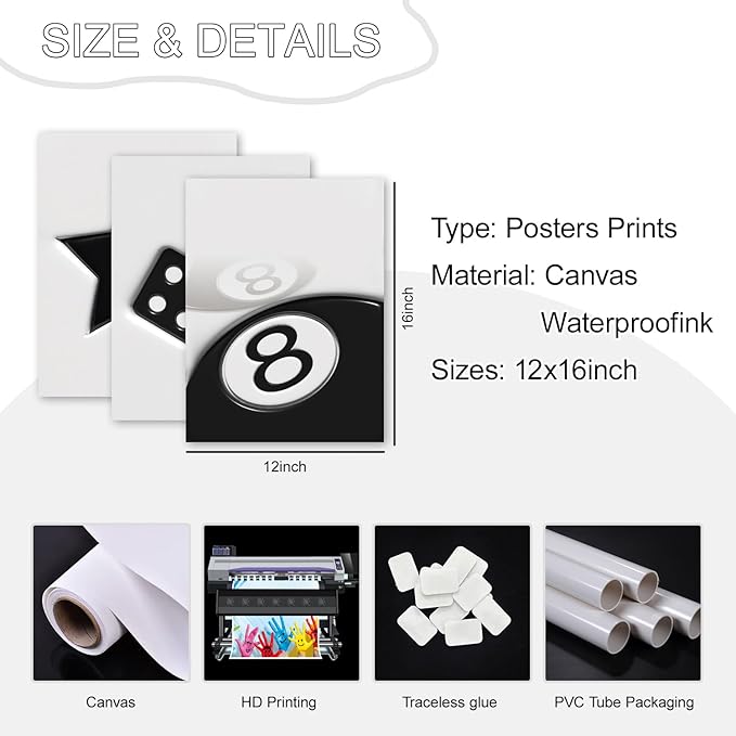 Black And White Dice Canvas Wall Art Set Of 3,Funky Retro Y2k 8 Ball Wall Decor Paintings, Funky Lucky Preppy Posters Prints Pictures For Game Room Apartment Dorm Teenager Room 12x16in Unframed
