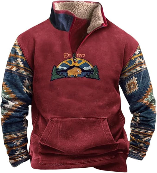 Western Sweatshirts for Men Aztec Cowboy Vintage Graphic Fleece Hoodie Mens Quarter Zip Pullover Country Jacket