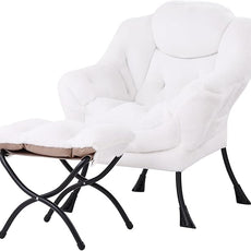 Tiita Lazy Chair with Ottoman, Modern Large Accent Lounge Armchair, Comfy Leisure Sofa Reading Chair with Footrest for Bedroom, Living Room, Dorm Rooms, Garden and Courtyard, Plush White