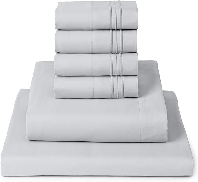 Mellanni Full Sheet Set - 6-Piece Iconic Collection Bedding, (Including 4 Pillowcases), 16-Inch Deep Pocket, Easy Care, Extra Soft, Cooling Sheets, Brushed Microfiber - Light Gray