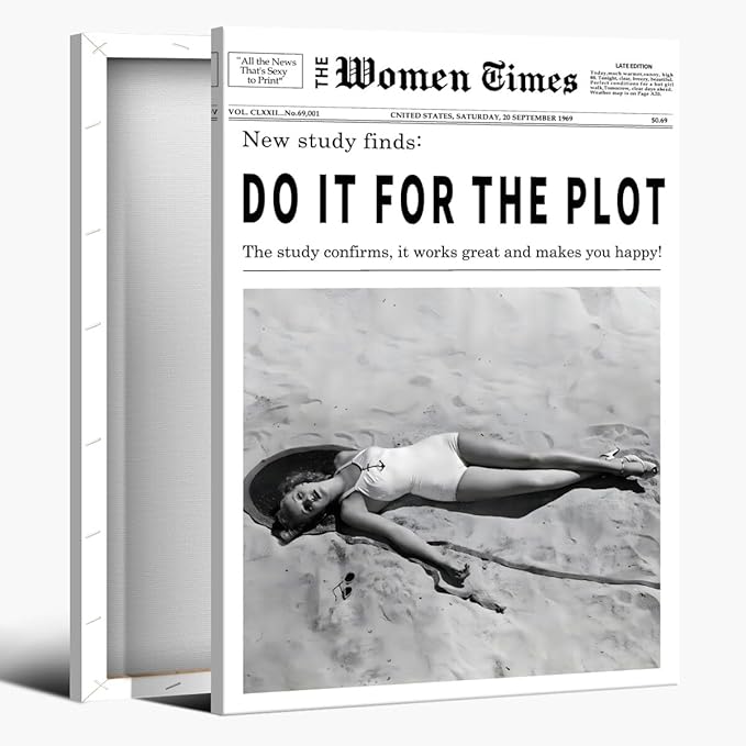 Vintage Women Times Do It for The Plot Wall Art Trendy Black and White Canvas Print Poster Vintage Woman Times Newspaper Prints Beachy Hot Girl Wall Decor for Bar Cart Girls Dorm Bedroom 24x36inch Framed
