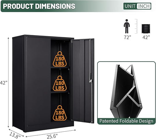42" Folding Metal Storage Cabinet with Lock,2 Doors and 2 Adjustable Shelves,Quick Assembly Foldable Steel Cabinet for Office Home Garage,Black