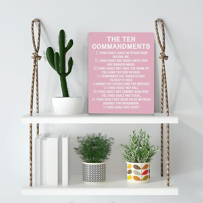 YCYD Ten Commandments Decor,10 Commandments Desk Poster, Christian Bible Verse Decor Religious Home Rustic Wooden Box Sign for Living Room Bedroom Office 10 x 8 Inches pink