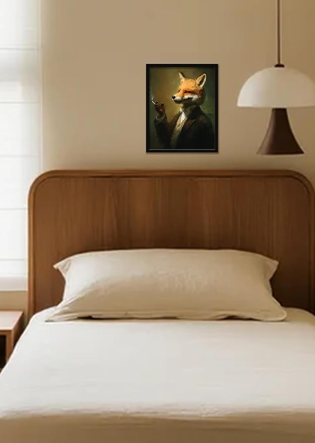 Funny Elegant Animal Wall Art Print Mr. Fox In Thinking Poster Vintage Canvas Art Wall Decor Picture For Bedroom Office Bathroom Wall Decor Aesthetic Home Artwork 8" × 10" With Framed