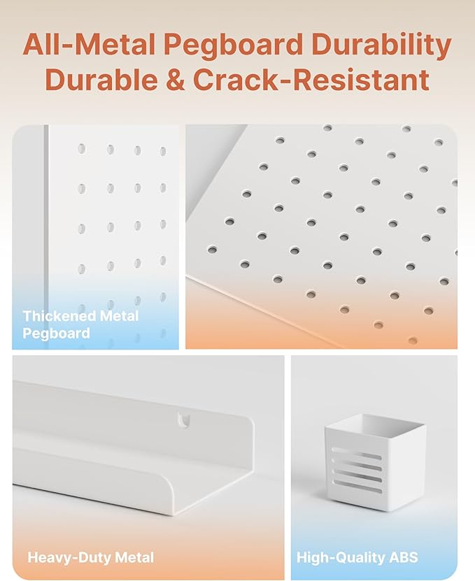 Pegboard Wall Organizer Combination Kit, Overall 25.4"x16.6" Metal Office Pegboard with 13 Accessories, Wall Mounted Peg board Display Panels for Home, Gaming Room, Garage (2Pcs,White)