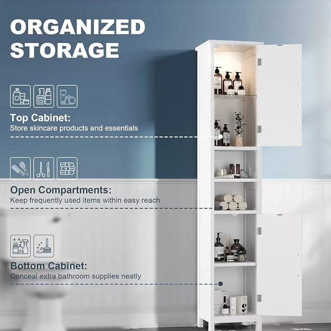 67" Tall Bathroom Storage Cabinet with Lights, Slim Narrow Bathroom Cabinet Organizer with Doors and Adjustable Shelves, Tall Cabinet for Small Space (66.9" Tall-White with Light, 1 Pack)