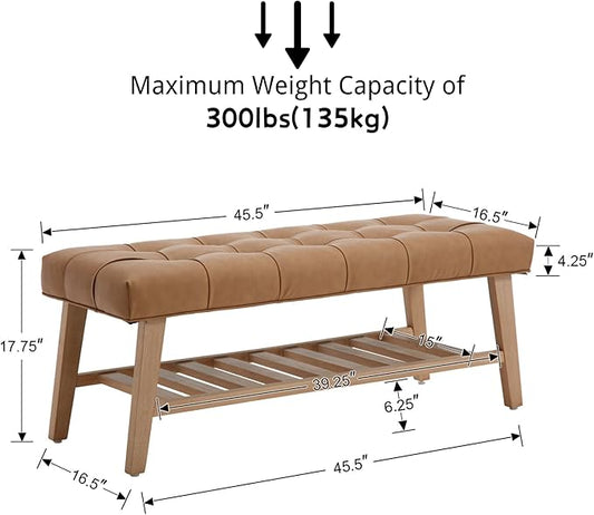 Entryway Shoe Bench Storage Benches with Upholstered Button Tufted Seat and Open Slatted Shelf PU Leather Ottoman Bench for Hallway Living Room Bedroom End of Bed, Brown