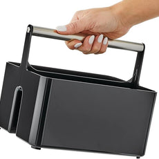 mDesign Plastic Shower Caddy Storage Organizer Utility Tote, Divided Basket Bin - Metal Handle for Bathroom, Dorm, Kitchen, Holds Soap, Shampoo, Conditioner - Aura Collection - Black/Brushed Chrome