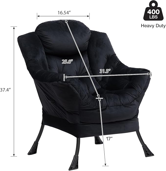 HollyHOME Lazy Chair with Armrest and Side Pocket, Comfy Accent Lounge Chair,Leisure Sofa Armchair for Living Room, Bedroom, Dorm, or Small Spaces, Oversized Reading Sofa Chair,Velvet Black