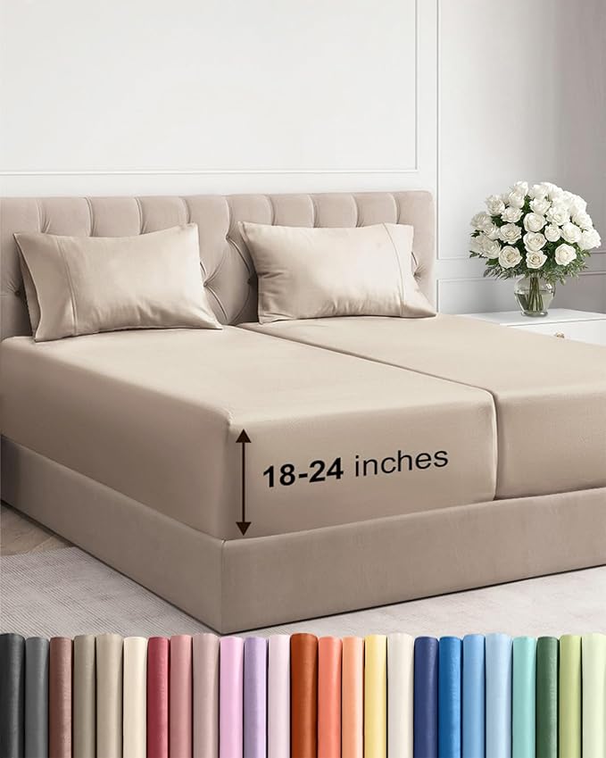 Extra Deep Pocket Split King Sheets - 5 Piece Breathable & Cooling Bed Sheets - Hotel Luxury Bed Sheet Set - Soft, Wrinkle Free & Comfy - Easily Fits Extra Deep Mattresses - Deep Pocket Wheat Sheets
