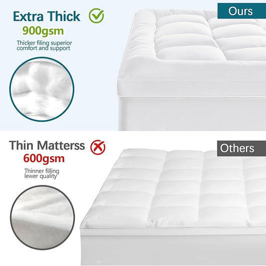 CYMULA Mattress Topper Short Queen Size - Extra Thick Cooling Mattress Pad Cover for Back Pain - Soft Mattress Protector Bed Topper Pillow Top with 8-21 Inch Deep Pocket 3D Snow Down Alternative Fill
