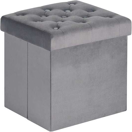 B FSOBEIIALEO Storage Ottoman Cube, Velvet Tufted Folding Ottomans with Lid, Footstool Rest Padded Seat for Bedroom (Grey, Medium)